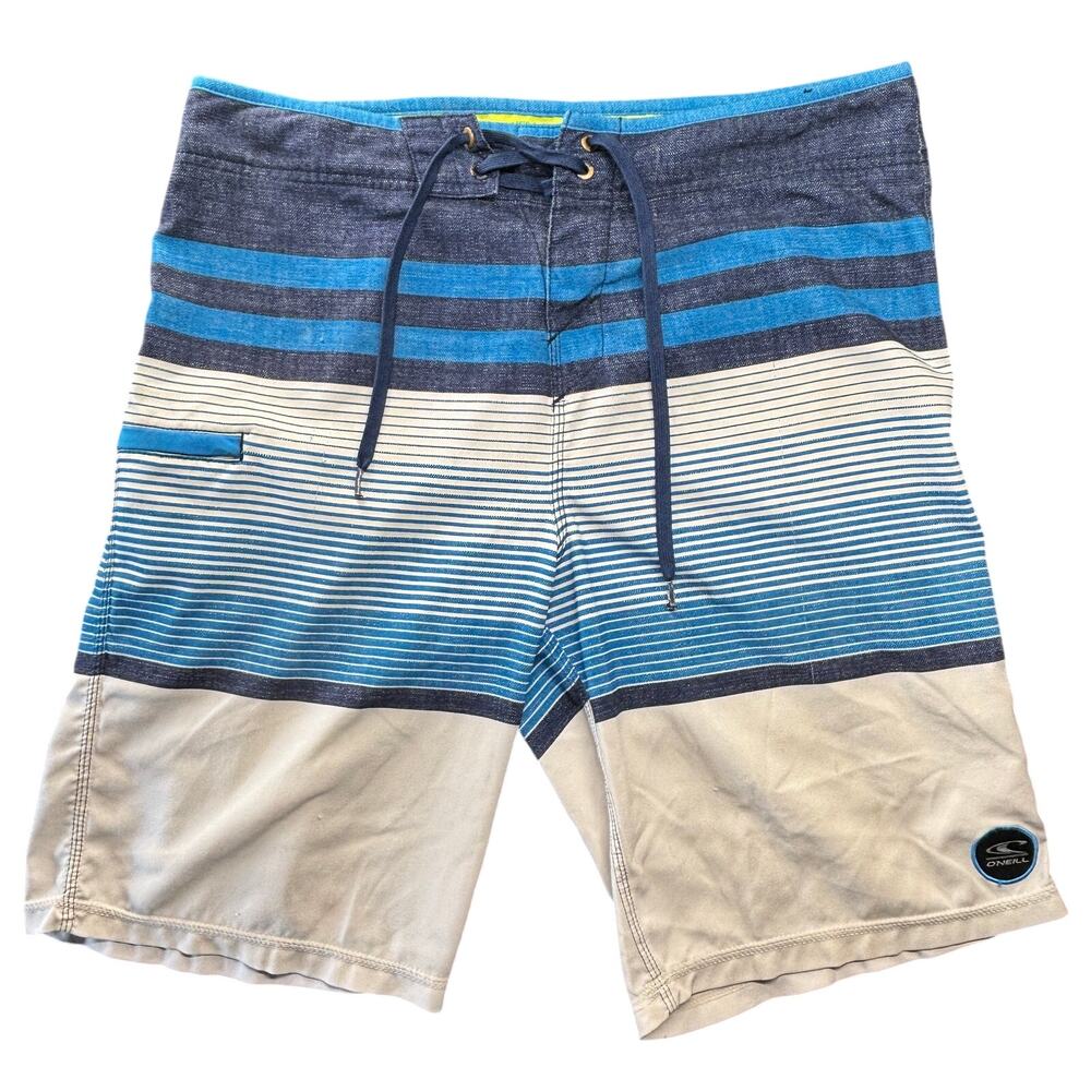 O’Neill Hyperfreak Board Shorts Mens 33 Blue/White Drawstring Stripe Swim Surf